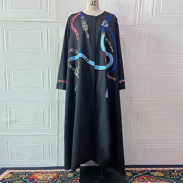 Muslim Outerwear New British Retro Motorcycle Print Long Robe Trench Coat Polyester Muslim Outerwear For Women_ecoleips.com