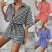 Summer New Women's Striped Lapel Cardigan Button Down Five-Sleeve Shorts Jumpsuit_ecoleips.com