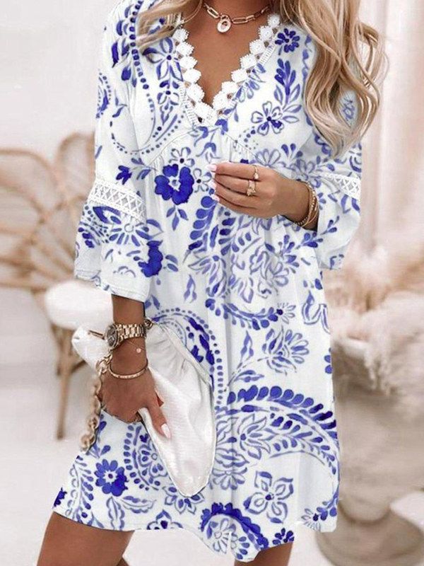 2025 Spring V-neck Printed Lace Splicing Bohemian Style Leisure Vacation Dress_ecoleips.com