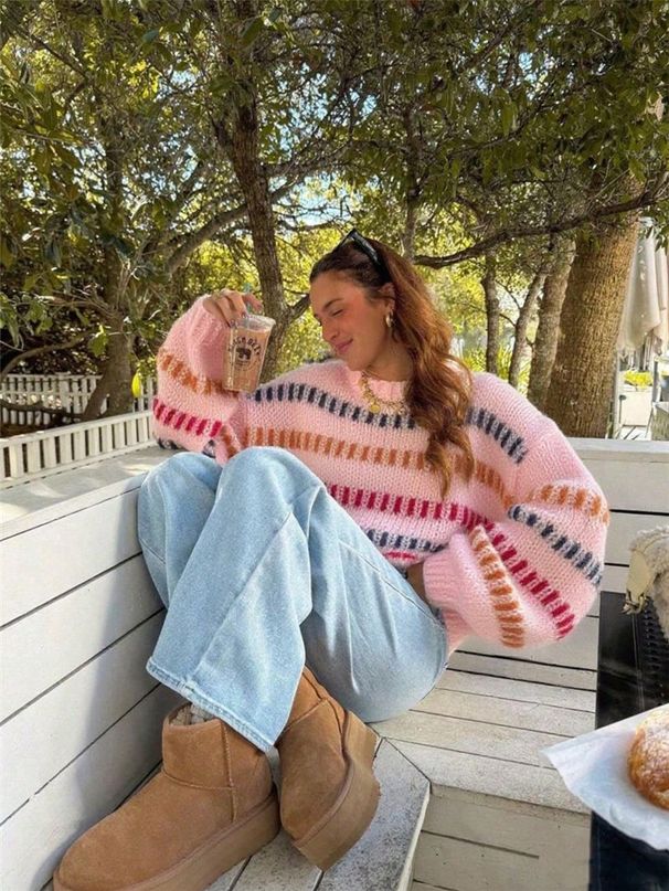 Women's Clothing Fashion Retro Color Block Cozy Oversized Batwing Sleeve Sweater - Retro Color Block Knit Pullover For Women, Autumn Winter Fashion_ecoleips.com