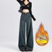 Dark Blue Wide-leg Jeans Women, Fleece-lined, New Winter 2025 Model, High-waisted, Suitable For Pear-shaped Body, Loose_ecoleips.com