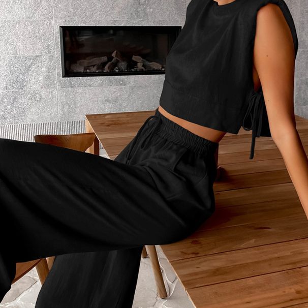 Fashionable Cotton And Linen Women's Set For Autumn And Summer: Shoulder-Padded Sleeveless Top With Long Pants, Two-Piec_ecoleips.com