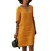 Autumn Cotton And Linen Small V-Neck Patchwork Retro Solid Color Three-Quarter Sleeve Dress For Women_ecoleips.com