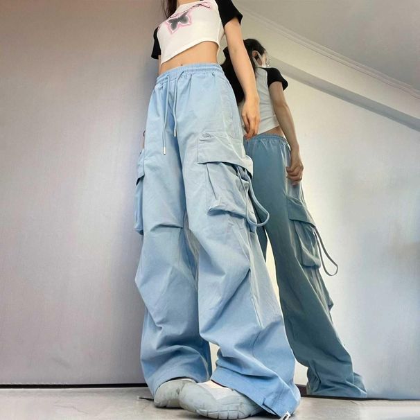 Women's Drawstring Wide-Leg Cargo Pants Multi-Pocket Loose Casual Trousers Street Style Versatile Floor-Length Trousers_ecoleips.com