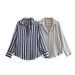 Verve ZA Autumn New Women's Versatile Striped Turn-down Collar Single-breasted Long Sleeve Draped Satin Texture Shirt_ecoleips.com
