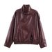 Women's Faux Leather Jacket – Stand Collar Long Sleeve Motorcycle Coat With Lychee Grain Texture (Black/Brown/Burgundy, XS-L)_ecoleips.com
