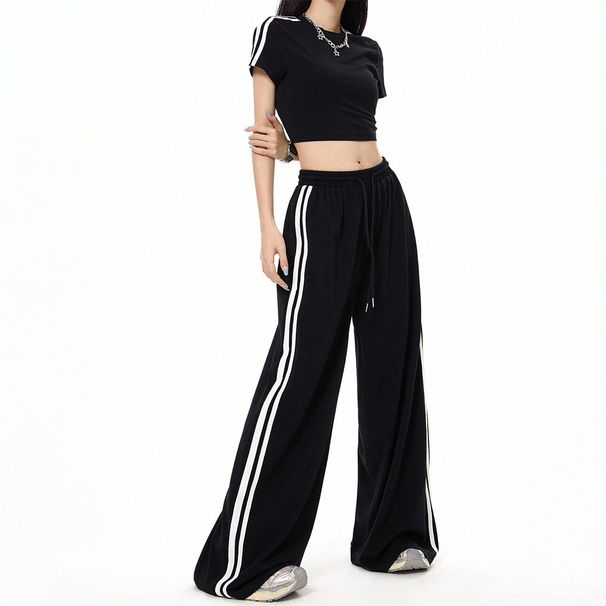 Voya 2026 Women's European American Sports Style Wide-Leg Casual Pants For Autumn And Winter,Color-Contrast Loose-fitting, Slimming Floor-length Pants_ecoleips.com
