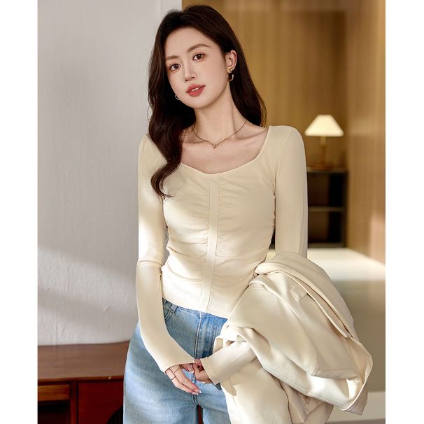 2025 #Craftsmanship Selection # Thin Velvet Unique Design Drawn Square Neck T-Shirt Women's Long Sleeve 2025 Autumn/Winter_ecoleips.com
