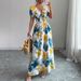 Women's Floral Print Casual Long Dress European American Style Summer Puff Sleeve V Neck Flutter Sleeve_ecoleips.com
