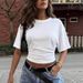 Summer Solid Color Women's T-Shirt Crew Neck Short Sleeve Gathered Slim Waist Hot Selling_ecoleips.com