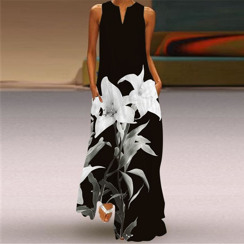 2026 New Summer Sleeveless V-Neck Printed Sexy Long Dress European And American Cross-Border Foreign Trade Women's_ecoleips.com
