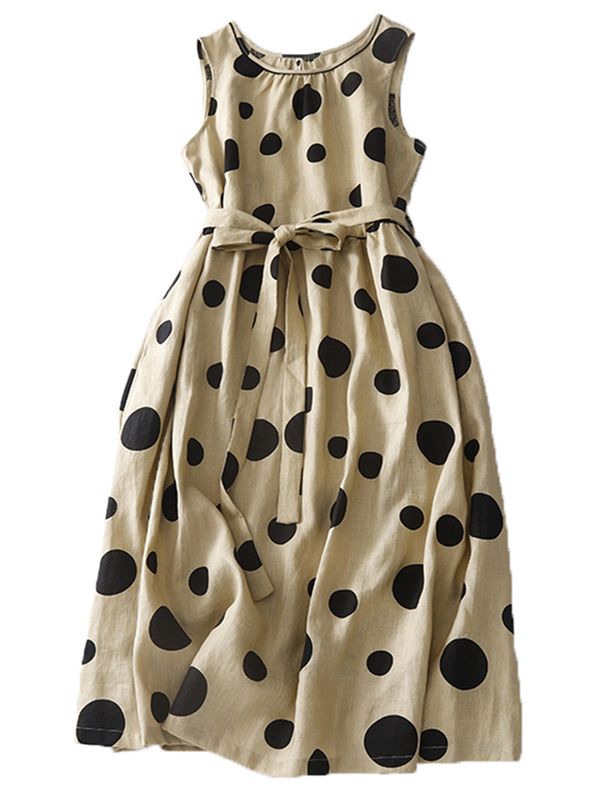 2026 Summer Dress Korean Fashion New Arts Style Women Sleeveless Polka Dot Print All-Matched Casual Cotton Linen Tank Dresses_ecoleips.com