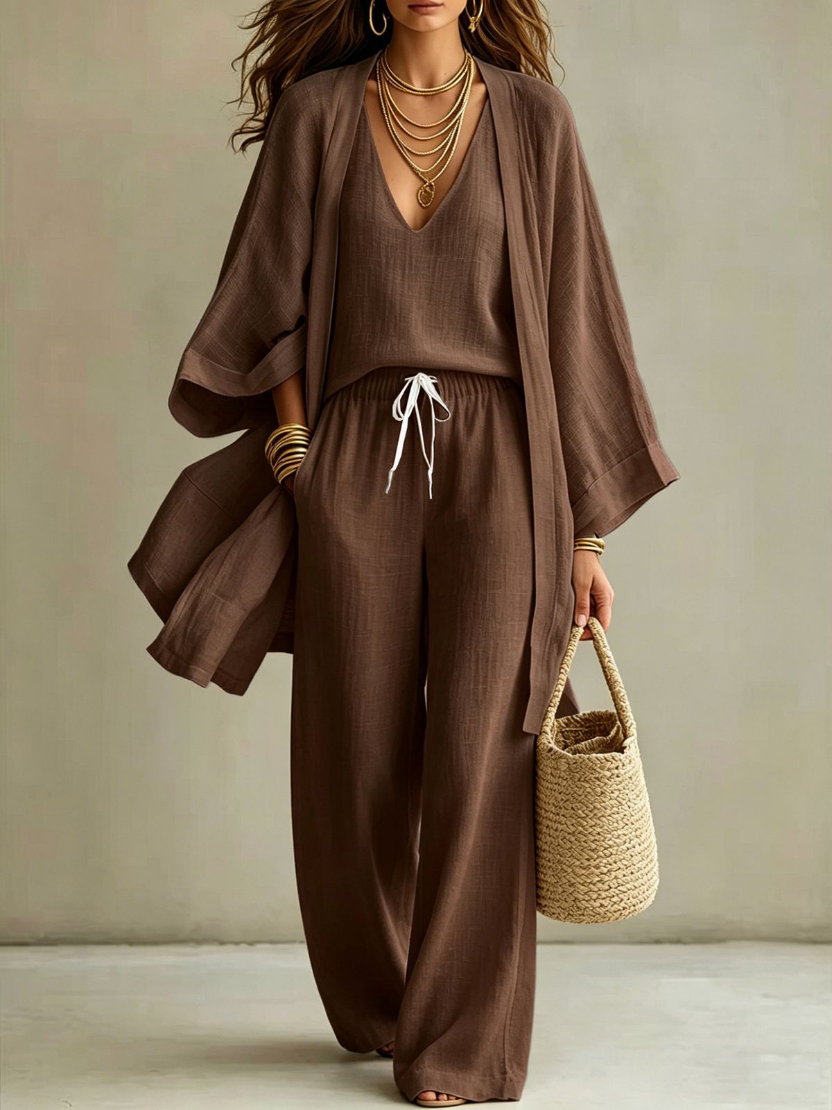 Women's Summer Casual Three Piece Set American Style Loose Cotton Linen Mid Length Vest Cardigan Sleeveless Top_ecoleips.com