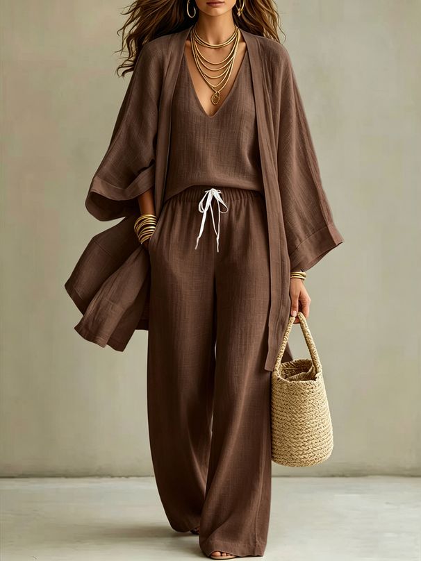 Women's Summer Casual Three Piece Set American Style Loose Cotton Linen Mid Length Vest Cardigan Sleeveless Top_ecoleips.com