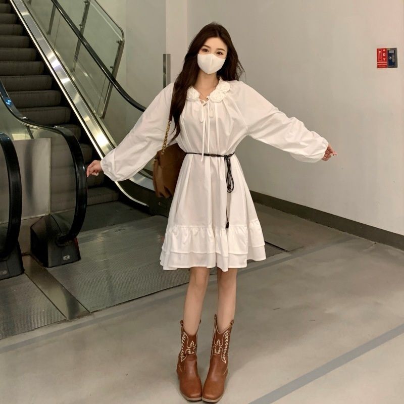 Autumn New Korean Fashion Camellia Long Sleeve Maternity Dress With Belt_ecoleips.com