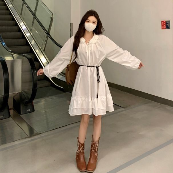 Autumn New Korean Fashion Camellia Long Sleeve Maternity Dress With Belt_ecoleips.com