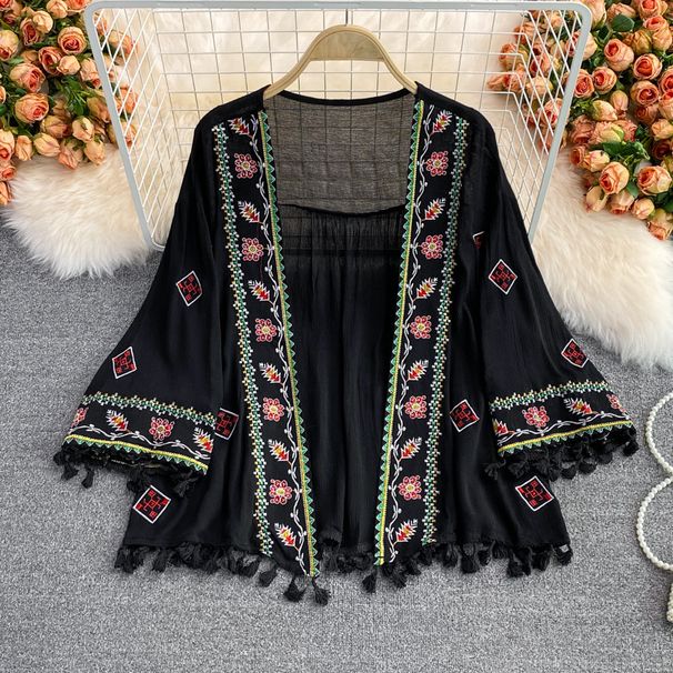 Women's Bohemian Artistic Retro Chiffon Cardigan Collarless Loose Lace Shirt Spring 2023 Free Shipping_ecoleips.com