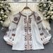 Women's Heavy Duty Ethnic Embroidered Shirt Long Sleeves Loose Fit Tie Waist round Neck Puff Sleeves Tassels_ecoleips.com