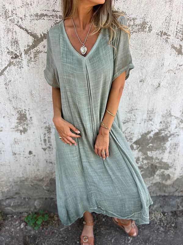 New Women's Casual Loose Skirt Dress V Neck Short Sleeved Solid Color Cotton And Linen Spring Summer_ecoleips.com