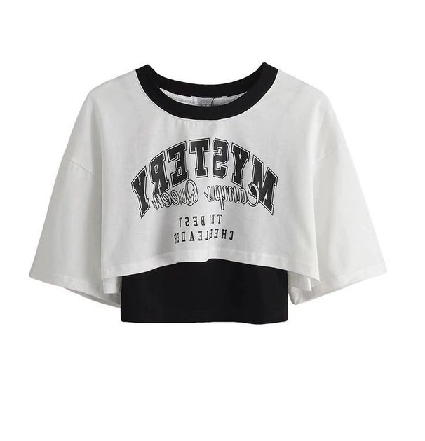 American Retro Trend Letter Printing Two-piece Short-sleeved T-shirt, Spice Girl Jazz Dance Loose Outer Blouse Women_ecoleips.com