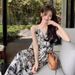 Ink Painting Floral Strap Summer Women French Niche Loose Lazy Style Over-the-Knee Long Beach Dress_ecoleips.com