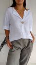 2026 Cross-Border European And American Summer New Loose-Fit T-Shirt For Women, V-Neck Cotton-Linen Button Top_ecoleips.com