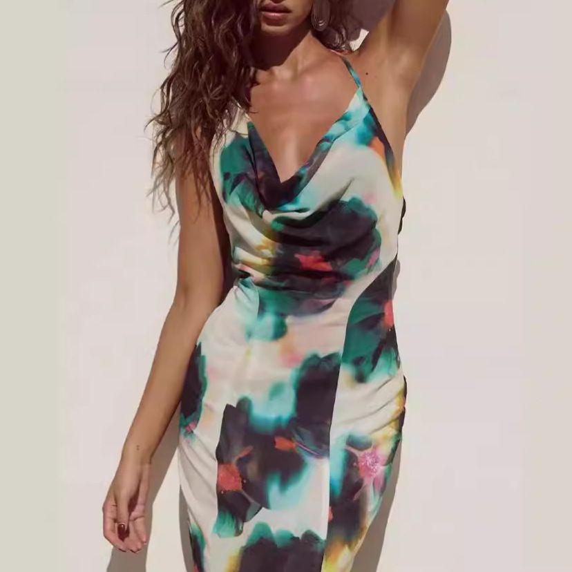 Women's Floral Print Maxi Dress Backless Halter Neck Sling Style High Waist Draped Neckline Summer Vacation Dress_ecoleips.com