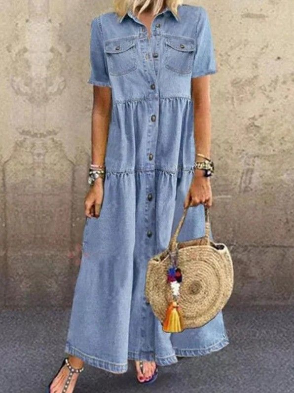 Retro Women Dresses 2025 Short Sleeve Turn Down Collar Pockets Button Long Loose Denim Dress Summer Long Dress_ecoleips.com