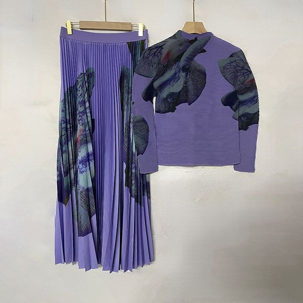 Women's Clothing Pleated Suit High Neck Corn Pleated Slim Long Sleeve Top + Loose High Waisted Pleated Skirt_ecoleips.com