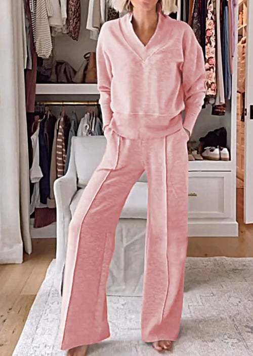 Women's Clothing New Casual V Neck Long Sleeved Loose Top Wide Leg Pants Two Piece Set_ecoleips.com