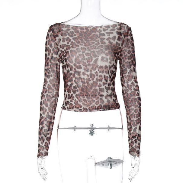 Women's Off-Shoulder Leopard Print Mesh Top European American Style Long-Sleeved See through T-Shirt for Autumn Sexy Arrival_ecoleips.com