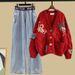 Women’s Clothing Denim suit Autumn embroidered short cardigan sweater jacket with slim and versatile wide leg mopping jeans_ecoleips.com