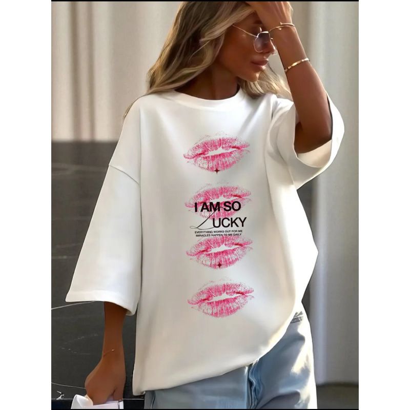 Summer New Arrival Women's T-Shirt Sexy Sweet Spicy Pure Allure Lip Print Loose Versatile Elegant Trendy Top_ecoleips.com