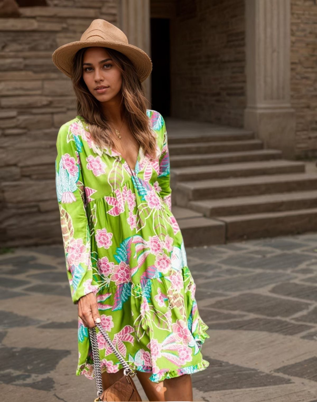 Women's Clothing Style Women's Printed V-Neck Long Sleeve Dress Fashionable Hot Selling Item Cross Border_ecoleips.com