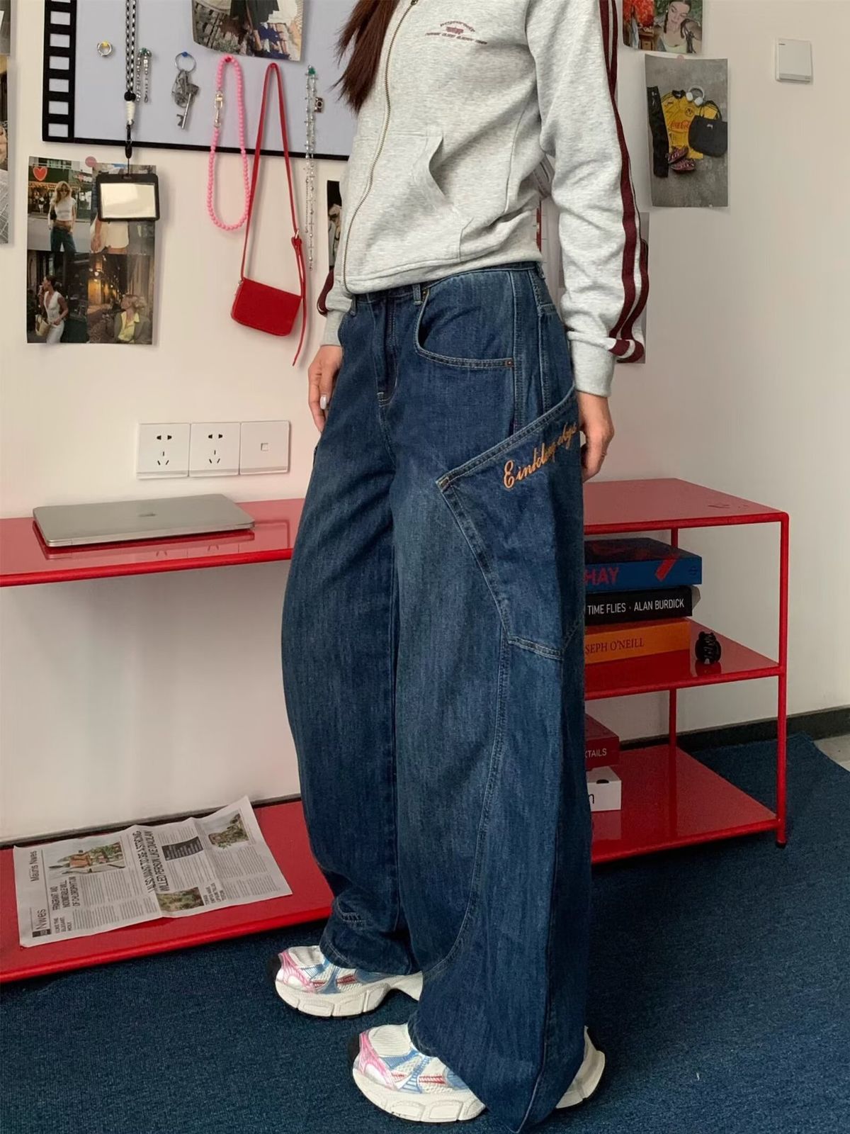 Retro Large Pocket Curved Blade Jeans Men's Autumn New Style High Street Design Loose Slim Straight Wide Leg_ecoleips.com