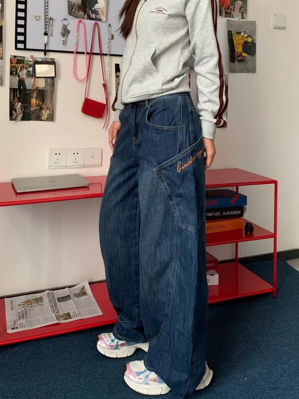 Retro Large Pocket Curved Blade Jeans Men's Autumn New Style High Street Design Loose Slim Straight Wide Leg_ecoleips.com
