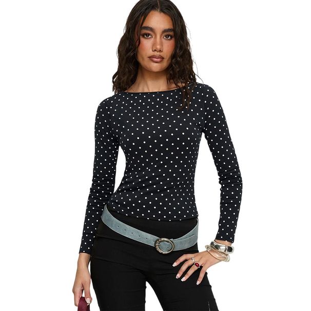 Voya Women's Versatile Spring And Summer Interior Black And White Polka Dot Top, Large Backless Long Sleeved Slim Fit T-shirt, Retro Layered Wear_ecoleips.com