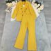 Women's Autumn/Winter Suit Set, Solid Color Blazer & Straight Leg Pants, Stretch Polyester-Spandex Office Outfit (Yellow, Sizes S-Xl)_ecoleips.com