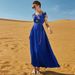 Ba7030 Sapphire Blue Wael Satin Hand-Sewn Glass Diamond Short-Sleeved Long Dress, A Retro Dress With A Noble Lady Style_ecoleips.com