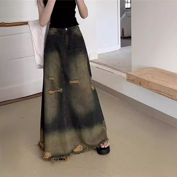 Niche Frayed Hem Ripped Denim For Women Summer 2025 New High Waist Versatile A-line Midi Skirt_ecoleips.com