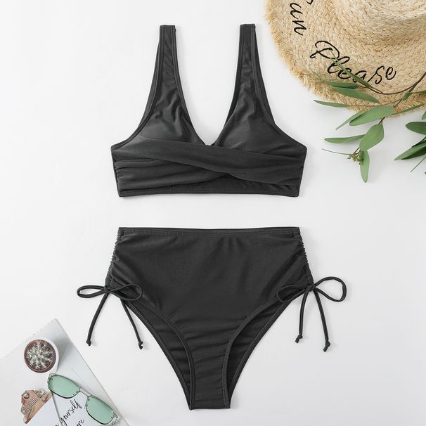 Women's Clothing Split Twist Bikini Solid Color High Waisted Sexy Tie Up Hollow Swimsuit For Women_ecoleips.com