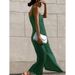 Summer Long Dress For Women With Green Cotton-Linen Loose-Fitting Skirt And Split-Backed Braided Straps_ecoleips.com