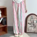Pajama Pants Women Summer White Cartoon Kitten Trousers Thin Student Home Pants Rainbow Stripes High Waist Straight Leg Loose_ecoleips.com