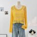Women's Clothing Solid Color Hollow Hook Flower Round Neck Long Sleeve Short Knitted Sweater Summer New Loose Thin Sunscreen Blouse Tops_ecoleips.com
