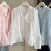 Women's Thin Ruffled V Neck Tie Waist Shirt French Style Spring Summer Top Loose Fit Lantern Sleeve Inner Layer_ecoleips.com