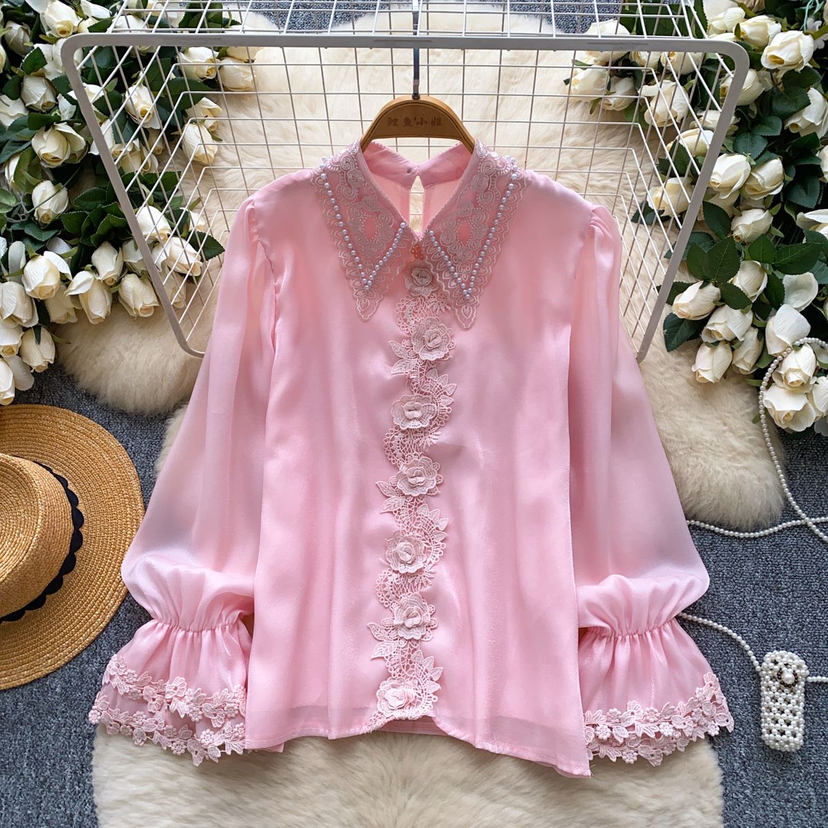 French Style Women's Top Heavy Duty Beaded Lace Patchwork Pearl Mesh Warm Unique Niche Design for Ladies_ecoleips.com