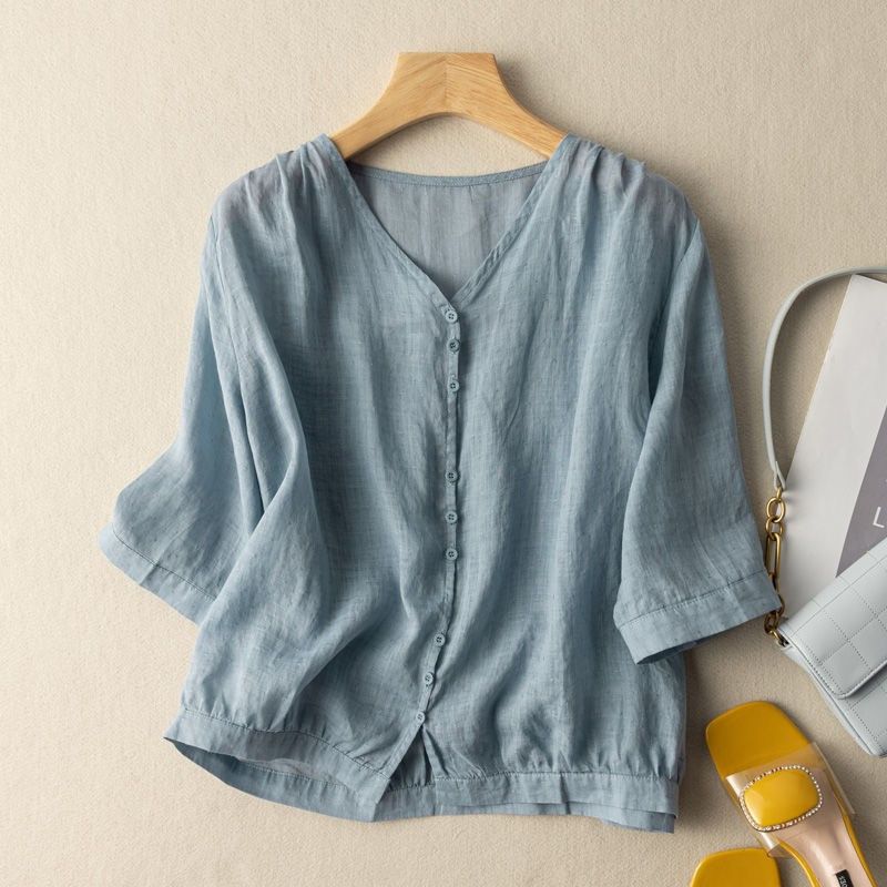 Spring And Summer Artistic Retro Cotton And Linen V-Neck T-Shirt, Half-Sleeve Loose, Comfortable, Plus-Size, Slimming, F_ecoleips.com