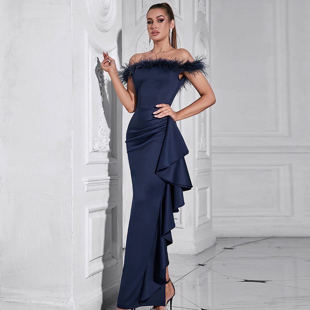 Women's Clothing Sexy One Shoulder Off Shoulder Ruffled Pleated Slim Long Dress_ecoleips.com