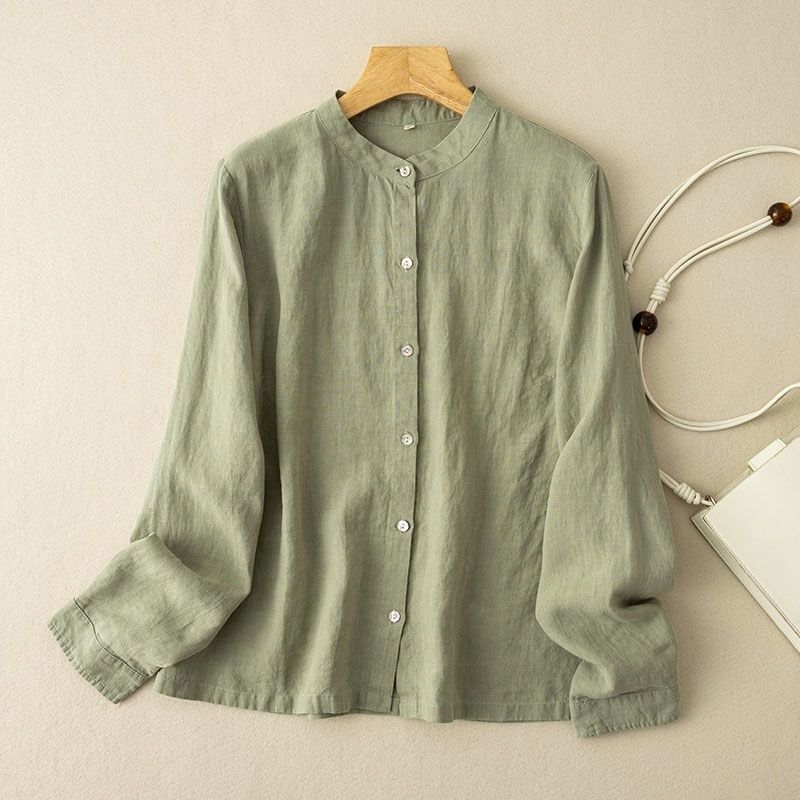 Bohemian Linen Long Sleeve Shirt - Oversized Button-Up Blouse, Relaxed Fit, Vintage Style (White/Black/Green/Pink/Natural)_ecoleips.com