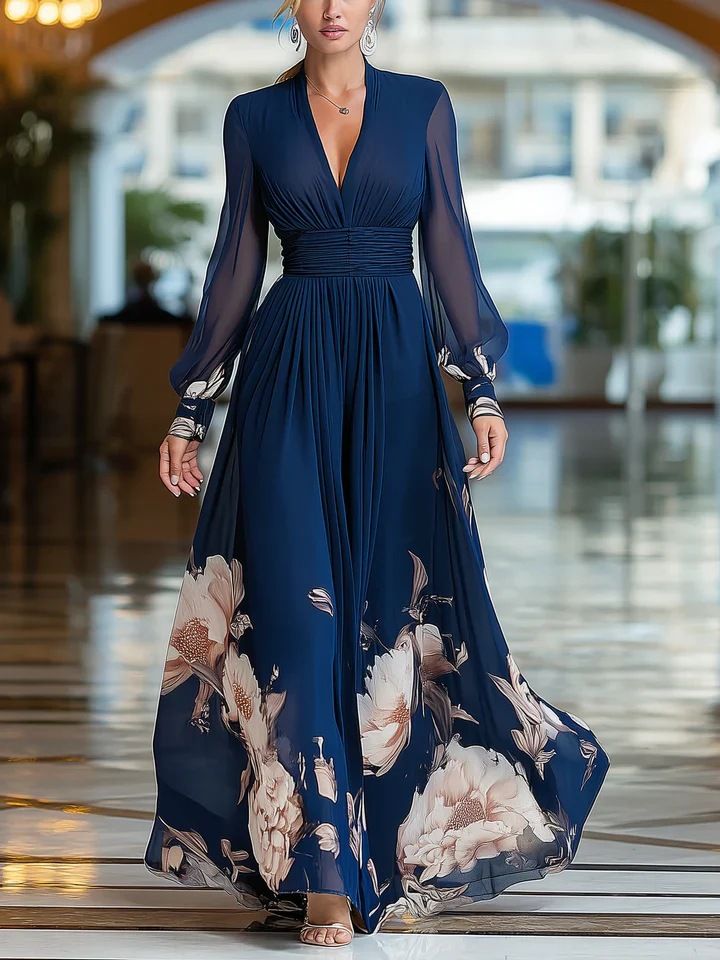 Women's Long Floral Print Dress – Stretchy Polyester Maxi Dress With Sheer Mesh Panels (S-Xxl) – French-Inspired Casual Elegance_ecoleips.com